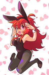 Rule 34 | 1girl, absurdres, ahoge, alternate costume, animal ears, arms up, bare shoulders, black leotard, black pantyhose, bow, curly hair, detached collar, egokoro nao, fake animal ears, full body, hair ornament, heart, highres, kimi ga shine, leotard, long hair, looking at viewer, maplekrowassan, open mouth, pantyhose, pink eyes, playboy bunny, rabbit ears, rabbit tail, red hair, shoes, sidelocks, simple background, sitting, smile, solo focus, tail, thighhighs, wrist cuffs