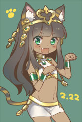 Rule 34 | 1girl, :3, :d, animal ears, armlet, bastet (p&amp;d), black hair, blunt bangs, blush, bracelet, cat ears, cat tail, dark-skinned female, dark skin, dated, earrings, egyptian, egyptian clothes, fang, green background, green eyes, groin, hair ornament, hoshino (nia hoshino), jewelry, long hair, lots of jewelry, midriff, navel, necklace, open mouth, paw pose, paw print, puzzle &amp; dragons, simple background, single earring, skirt, smile, solo, tail, tiara, white skirt