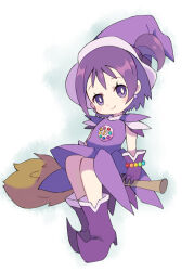 Rule 34 | 1girl, blush, boots, broom, broom riding, closed mouth, commentary request, dress, earrings, full body, gloves, hat, jewelry, looking at viewer, magical girl, miyata (lhr), ojamajo doremi, one side up, pointy footwear, purple dress, purple eyes, purple footwear, purple gloves, purple hair, purple hat, segawa onpu, short hair, sitting, smile, solo, witch hat