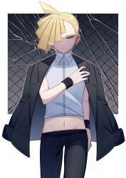 Rule 34 | 1boy, ahoge, alternate costume, black jacket, black pants, black wristband, blonde hair, closed mouth, commentary request, cowboy shot, creatures (company), earrings, game freak, gladion (pokemon), green eyes, hair over one eye, hand up, highres, jacket, jacket on shoulders, jewelry, looking at viewer, male focus, mocacoffee 1001, navel, nintendo, open clothes, open jacket, pants, pokemon, pokemon sm, shirt, short hair, signature, sleeveless, sleeveless shirt, solo, zipper, zipper pull tab