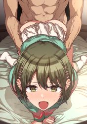 Rule 34 | 1boy, 1girl, :o, all fours, aqua shirt, arm support, ass, bed sheet, blush, bob cut, clothes lift, commentary, doggystyle, erere, foreshortening, green eyes, green hair, hair between eyes, hair ornament, hairclip, hands on another&#039;s waist, idolmaster, idolmaster shiny colors, looking ahead, nanakusa nichika, no panties, nose blush, on bed, open mouth, own hands together, pink shirt, sex, sex from behind, shirt, short hair, skirt, skirt lift, socks, solo focus, striped clothes, striped shirt, white legwear, white skirt