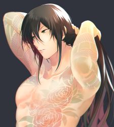Rule 34 | 1boy, abs, adjusting hair, arms up, black hair, collarbone, fate/grand order, fate (series), flower tattoo, green eyes, grey background, highres, long hair, looking to the side, male focus, muscular, no nipples, ororooops, parted lips, pectorals, sidelocks, simple background, solo, tattoo, upper body, yan qing (fate)