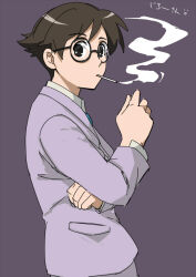 Rule 34 | 1boy, alternate hair length, alternate hairstyle, black-framed eyewear, black eyes, brown hair, character name, cigarette, commentary request, from side, glasses, hand up, horikoshi jirou, jacket, kaze tachinu, kiichi (kini), long sleeves, looking at viewer, male focus, mouth hold, purple background, purple jacket, round eyewear, short hair, simple background, smoke, smoking, solo, standing, turning head, upper body