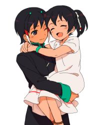 Rule 34 | 1boy, 1girl, bad id, bad pixiv id, black hair, brother and sister, dress, closed eyes, face, hirosuke, holding, inazuma eleven (series), inazuma eleven go, long hair, mabui (poloon), open mouth, ponytail, short hair, shuu&#039;s sister, shuu (inazuma eleven), siblings