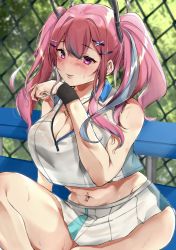Rule 34 | 1girl, azur lane, bare legs, bench, black bra, blue hair, blush, bra, breasts, bremerton (azur lane), bremerton (scorching-hot training) (azur lane), chain-link fence, cleavage, closed mouth, crop top, crop top overhang, day, ear piercing, eyelashes, fence, hair between eyes, hair ornament, hairclip, headpiece, heart, heart necklace, highres, lace, lace-trimmed bra, lace trim, large breasts, lips, looking at viewer, medium hair, midriff, miniskirt, multicolored hair, navel, navel piercing, necklace, outdoors, piercing, pink eyes, pink hair, pleated skirt, see-through, shirt, sitting, skirt, sleeveless, sleeveless shirt, solo, sportswear, sweat, sweatband, tennis uniform, thighs, twintails, two-tone hair, underwear, white shirt, white skirt, wiping sweat, x hair ornament, yamakonbu