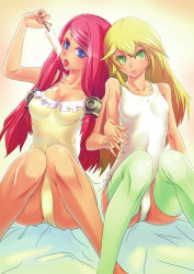 Rule 34 | 2girls, absurdres, artist request, bare shoulders, blazblue, blonde hair, blue eyes, breasts, casual one-piece swimsuit, cleavage, fingernails, food, green eyes, hair tubes, holding hands, highres, ice cream, interlocked fingers, knees, knees together feet apart, knees together feet apart, long hair, looking at viewer, medium breasts, multiple girls, noel vermillion, non-web source, official art, one-piece swimsuit, popsicle, red hair, sitting, small breasts, swimsuit, thighhighs, tongue, tsubaki yayoi, white one-piece swimsuit