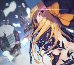Rule 34 | 1girl, abigail williams (fate), abigail williams (second ascension) (fate), asymmetrical legwear, black bow, black hat, black panties, black thighhighs, blonde hair, bow, bug, butterfly, commentary, eyes visible through hair, fate/grand order, fate (series), forehead, glowing, glowing eye, grin, hat, hat bow, highres, insect, key, keyhole, long hair, looking at viewer, nanao (aoyamahikari), orange bow, oversized object, panties, parted bangs, pillar, polka dot, polka dot bow, purple eyes, red eyes, revealing clothes, single thighhigh, skull print, smile, solo, space, star (sky), suction cups, teeth, tentacles, thighhighs, topless, underwear, uneven legwear, very long hair, witch hat