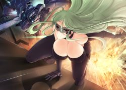 Rule 34 | 1girl, bare shoulders, bodysuit, breasts, cleavage, elbow gloves, explosion, gloves, green hair, haganef, huge breasts, long hair, looking at viewer, mecha, original, red eyes, reflection, robot, solo, visor