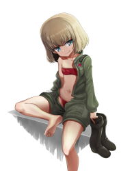 Rule 34 | 1girl, absurdres, artist name, barefoot, bikini, black footwear, blonde hair, blue eyes, boots, unworn boots, closed mouth, commentary request, emblem, fang, flat chest, unworn footwear, girls und panzer, green jumpsuit, head tilt, highres, holding, holding clothes, holding footwear, insignia, jumpsuit, katyusha (girls und panzer), korean commentary, leg up, long sleeves, looking at viewer, military, military uniform, navel, off shoulder, open clothes, open jumpsuit, pravda (emblem), red bikini, short hair, short jumpsuit, signature, simple background, sitting, skindentation, smirk, solo, strapless, strapless bikini, swimsuit, uniform, white background, ydg (eorbsaos1004)