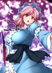 Rule 34 | 1girl, :o, arm garter, blue hat, blue ribbon, blue sash, blush, breasts, center frills, commentary request, cowboy shot, folding fan, frilled shirt collar, frills, hair between eyes, hand fan, hat, head tilt, highres, hitodama, holding, holding fan, juliet sleeves, large breasts, long sleeves, looking at viewer, mob cap, neck ribbon, nori tamago, open mouth, pink hair, puffy sleeves, red eyes, ribbon, saigyouji yuyuko, sash, short hair, solo, standing, touhou, veil, wide sleeves