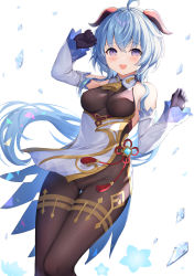Rule 34 | 1girl, :d, absurdres, ahoge, arm up, bare shoulders, bell, black gloves, blue hair, bodystocking, breasts, cameltoe, cowbell, detached collar, detached sleeves, floating hair, ganyu (genshin impact), genshin impact, gloves, goat horns, gold trim, groin, hand up, highres, hokori sakuni, horns, long hair, long sleeves, looking at viewer, medium breasts, no panties, open mouth, pelvic curtain, purple eyes, simple background, smile, solo, standing, thigh gap, thighlet, very long hair, waist cape, white background