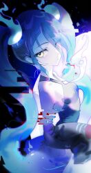 Rule 34 | 1girl, absurdres, bare shoulders, black sleeves, blue hair, breasts, chromatic aberration, closed mouth, commentary, creatures (company), detached arm, detached sleeves, game freak, ghost miku (project voltage), glitch, glowing, hair between eyes, hatsune miku, highres, long hair, looking at viewer, nintendo, pale skin, pokemon, print sleeves, project voltage, see-through, see-through skirt, sideboob, skirt, sleeves past fingers, sleeves past wrists, small breasts, solo, soyoong jun, twintails, very long hair, vocaloid, will-o&#039;-the-wisp (mythology), yellow eyes