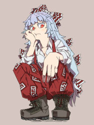 Rule 34 | 1girl, blush, boots, bow, closed mouth, collared shirt, dress shirt, foreshortening, fujiwara no mokou, hair bow, hair ribbon, hand on own cheek, hand on own face, head rest, long hair, long sleeves, looking at viewer, ofuda, pants, purple background, red eyes, ribbon, shirt, silver hair, simple background, sinchan1228, solo, squatting, suspenders, touhou, very long hair, white shirt
