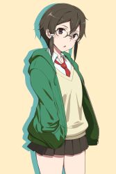 Rule 34 | 1girl, :o, asada shino, brown eyes, brown skirt, collared shirt, commentary request, cowboy shot, drawstring, glasses, green jumpsuit, hair ribbon, hands in pockets, highres, hood, hood down, hooded jacket, jacket, jumpsuit, long sleeves, looking at viewer, miniskirt, necktie, open clothes, open jacket, parted lips, pleated skirt, puge, red necktie, ribbon, school uniform, shirt, short hair, sidelocks, simple background, skirt, solo, sword art online, unzipped, white ribbon, yellow background, zipper