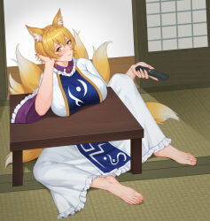 Rule 34 | 1girl, animal ears, barefoot, blonde hair, blush, breast rest, breasts, breasts on table, chinese commentary, closed mouth, commentary request, controller, dress, elbow rest, feet, fingernails, fox ears, fox girl, fox tail, full body, hair between eyes, head rest, highres, holding, holding remote control, indoors, large breasts, looking at viewer, multiple tails, no headwear, open door, remote control, short hair, sitting, sliding doors, slit pupils, smile, solo, spread legs, tabard, table, tail, tatami, toenails, toes, touhou, under table, wd1113, white dress, wide sleeves, yakumo ran, yellow eyes