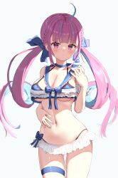 Rule 34 | 1girl, absurdres, ahoge, bikini, bikini skirt, blue bikini, blue bow, blue choker, blue hair, blue nails, blunt bangs, blush, bow, braid, breasts, choker, cleavage, closed mouth, collarbone, colored inner hair, commentary request, frilled bikini, frilled sailor collar, frills, gluteal fold, hair bow, hand on own stomach, highres, hololive, large breasts, long hair, looking at viewer, minato aqua, multicolored hair, navel, purple eyes, purple hair, sailor bikini, sailor collar, simple background, solo, stomach, streaked hair, swimsuit, thigh strap, tobidasu00, twintails, two-tone hair, underboob, virtual youtuber, white background