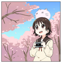 Rule 34 | 1girl, :d, = =, animal, animal on head, blue sky, border, brown eyes, brown hair, camera, cherry blossoms, day, dot nose, framed, from side, hands up, holding, holding camera, long sleeves, looking away, looking up, momoneko-sama, on head, open mouth, outdoors, petals, red neckwear, rollei 35, sailor collar, sawatari fuu, school uniform, serafuku, short hair, sky, smile, solo, tamayura, tareme, teeth, tonmoh, tree, upper body, upper teeth only, white border, wind