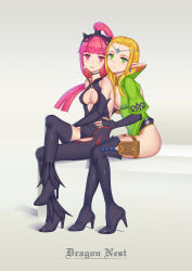 Rule 34 | 2girls, absurdres, black legwear, blonde hair, blush, breast press, breasts, character request, cleavage, cleavage cutout, clothing cutout, copyright name, covered erect nipples, dragon nest, earrings, green eyes, high heels, high ponytail, highres, jewelry, long hair, looking at viewer, medium breasts, multiple girls, parted lips, pink eyes, pink hair, pointy ears, ponytail, sitting, thighhighs, xian yu zhanshi
