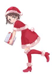 Rule 34 | 1girl, black hair, box, braid, braided bangs, capelet, dress, full body, gift, gift box, hat, highres, holding, holding box, idolmaster, idolmaster cinderella girls, leaning forward, looking at viewer, red capelet, red dress, red footwear, red hat, santa costume, santa hat, sasaki chie, shin fuj, simple background, smile, solo, white background