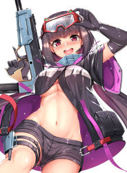 Rule 34 | 1girl, black gloves, black jacket, black shorts, blush, breasts, brown hair, fate/grand order, fate (series), gloves, goggles, goggles on head, gun, jacket, kouzuki tsubasa (musou kaidou), large breasts, long hair, long sleeves, looking at viewer, low twintails, navel, open mouth, osakabehime (fate), osakabehime (swimsuit archer) (fate), osakabehime (swimsuit archer) (first ascension) (fate), purple eyes, short shorts, shorts, ski goggles, smile, solo, thigh strap, thighs, twintails, very long hair, weapon, white background