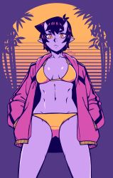 Rule 34 | 1girl, 2019, abs, absurdres, bikini, black hair, breasts, colored skin, cowboy shot, dated, facing viewer, flat color, frown, hands in pockets, highres, hood, hood down, hoodie, horns, ittla, looking at viewer, navel, oni, oni horns, open clothes, open hoodie, original, pointy ears, purple skin, short hair, signature, slit pupils, small breasts, solo, standing, sunset, swimsuit, synthwave, toned, yellow bikini, yellow eyes