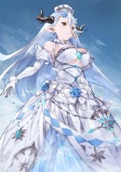 Rule 34 | 10s, 1girl, absurdres, blue flower, blue hair, blue rose, blue sky, breasts, brown hair, day, draph, dress, flower, gloves, granblue fantasy, hair between eyes, hair flower, hair ornament, hat, highres, horns, izmir, large breasts, long hair, mole, mole under mouth, outdoors, outstretched arms, pointy ears, rose, serious, silver hair, sky, solo, underboob, white dress, white gloves, white hat, yashigaras