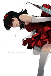 Rule 34 | 1girl, black hair, blood, blood on breasts, blood on face, breasts, commentary, copyright name, dress, elbow gloves, gloves, hairband, highres, hoshi san 3, kirigoe mima, long hair, medium breasts, open mouth, perfect blue, red dress, red hairband, simple background, solo, strapless, strapless dress, thighhighs, umbrella, white background, white gloves
