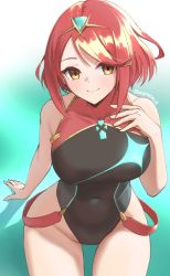 Rule 34 | 1girl, bare arms, black one-piece swimsuit, breasts, chest jewel, competition swimsuit, covered navel, from above, jewelry, large breasts, nintendo, one-piece swimsuit, pyra (pro swimmer) (xenoblade), pyra (xenoblade), red hair, short hair, skeptycally, smile, solo, swept bangs, swimsuit, tiara, xenoblade chronicles (series), xenoblade chronicles 2, yellow eyes
