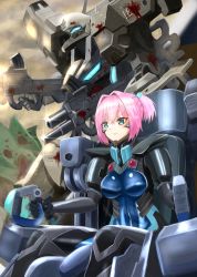 Rule 34 | 1girl, alien, beta (muv-luv), blood, blood splatter, blue eyes, cockpit, covered erect nipples, crossover, fortified suit, fusou (fuso0205), highres, kantai collection, mecha, muv-luv, muv-luv alternative, name connection, pilot suit, pink hair, robot, science fiction, scowl, shiranui (kancolle), sitting, skin tight, solo focus, tactical surface fighter, type 94 shiranui, v-shaped eyebrows, visor