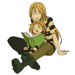 Rule 34 | 1boy, 1girl, androgynous, arm support, blonde hair, blush stickers, boots, character request, child, dien bien phu (manga), ha.skr (hasukara), long hair, pantyhose, reading, shorts, sitting, size difference, striped clothes, striped pantyhose, striped thighhighs, thighhighs, tim lawrence