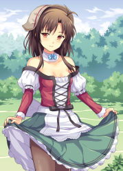Rule 34 | 1girl, antenna hair, apron, bare shoulders, blue bow, blue sky, blush, bow, breasts, brown eyes, brown hair, brown pantyhose, bush, closed mouth, cloud, collar, commentary request, day, detached collar, dirndl, dress, german clothes, green skirt, highres, layered sleeves, long hair, long sleeves, medium breasts, off-shoulder dress, off shoulder, original, outdoors, pantyhose, puffy short sleeves, puffy sleeves, rasahan, short over long sleeves, short sleeves, skirt, sky, smile, solo, standing, waist apron, white apron, white collar