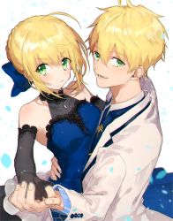 Rule 34 | 1boy, 1girl, :d, ahoge, arthur pendragon (fate), arthur pendragon (white rose) (fate), artoria pendragon (all), artoria pendragon (fate), bad id, bad twitter id, black gloves, blonde hair, blue dress, blue neckwear, braid, braided bun, breasts, chinanan, cleavage, collarbone, dress, elbow gloves, fate (series), gloves, green eyes, hair between eyes, hair bun, highres, jacket, long dress, looking at viewer, necktie, official alternate costume, open mouth, saber (fate), saber (lapis lazuli dress) (fate), see-through, see-through cleavage, short hair, sleeveless, sleeveless dress, smile, standing, upper body, white jacket
