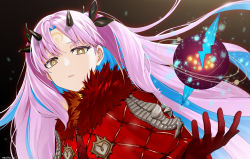 Rule 34 | 1girl, absurdres, blue hair, brown eyes, cloak, commentary request, crescent, crescent facial mark, facial mark, fate/grand order, fate (series), forehead mark, fur-trimmed cloak, fur trim, gloves, hand up, highres, horns, ishtar (fate), long hair, looking at viewer, makise minami, multicolored hair, orb, parted bangs, parted lips, pink hair, red cloak, red gloves, solo, space ishtar (fate), space ishtar (third ascension) (fate), star-shaped pupils, star (symbol), symbol-shaped pupils, two-tone hair, two side up, upper body
