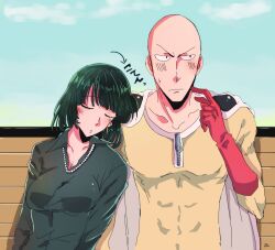 Rule 34 | 1boy, 1girl, bald, bench, blue sky, blush, closed eyes, day, dress, formal, fubuki (one-punch man), gloves, highres, jewelry, necklace, one-punch man, outdoors, red gloves, saitama (one-punch man), short hair, sitting, sky, sleeping, suit