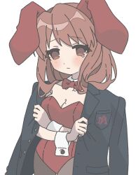 Rule 34 | 1girl, animal ears, asahina mikuru, blazer, blush, bow, bowtie, breast pocket, breasts, brown eyes, brown hair, brown pantyhose, cleavage, closed mouth, commentary request, detached collar, fake animal ears, green jacket, highres, jacket, kita high school uniform, leotard, long hair, looking at viewer, mole, mole on breast, nanonome, official alternate costume, pantyhose, playboy bunny, pocket, rabbit ears, red bow, red bowtie, red leotard, school uniform, simple background, solo, suzumiya haruhi no yuuutsu, white background