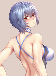 Rule 34 | 1girl, alternate breast size, ayanami rei, back, back focus, backless swimsuit, bare arms, bare shoulders, blue hair, blush, breasts, commentary, from behind, grey background, halterneck, lips, looking at viewer, looking back, medium breasts, neon genesis evangelion, one-piece swimsuit, parted lips, rebuild of evangelion, red eyes, short hair, simple background, solo, swimsuit, upper body, white one-piece swimsuit, zucchini