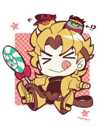 Rule 34 | &gt; &lt;, 1boy, animalization, bird, blonde hair, border, bow, candy, chibi, chibi only, chick, dio brando, earrings, food, full body, holding, holding candy, holding food, holding lollipop, jacket, jewelry, jojo no kimyou na bouken, kotorai, kuujou joutarou, licking lips, lollipop, male focus, no nose, outstretched arms, pants, red bow, signature, spread arms, star platinum, tongue, tongue out, white border, yellow jacket, yellow pants