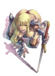 Rule 34 | 1girl, all fours, arm support, armor, ass, blonde hair, blush, breasts, character request, copyright request, fujii eishun, greaves, highres, long hair, looking at viewer, planted, pointy ears, solo, sweat, sword, teeth, thong, weapon