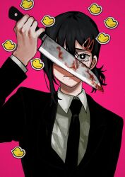 Rule 34 | 1girl, bird, black hair, black jacket, black necktie, blood, bloody weapon, chainsaw man, collared shirt, commentary, duck, formal, hair ornament, hairclip, higashiyama kobeni, highres, holding, holding knife, jacket, knife, looking at viewer, medium hair, meltykiss0316, mole, mole under eye, mole under mouth, multiple moles, necktie, one eye covered, pink background, rubber duck, shirt, short ponytail, simple background, single sidelock, solo, suit, weapon, white shirt