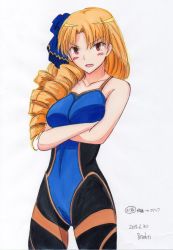 Rule 34 | 1girl, blonde hair, breasts, crossed arms, dated, drill hair, fate/stay night, fate (series), hair ribbon, highres, long hair, luviagelita edelfelt, marker (medium), official alternate costume, potekite, red eyes, ribbon, signature, simple background, solo, spandex, traditional media, type-moon