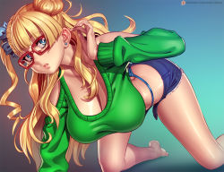 Rule 34 | 1girl, all fours, asymmetrical hair, bikini, bikini bottom only, blonde hair, blue background, blue bikini, blue eyes, blue scrunchie, breasts, cardigan, cleavage, clothing cutout, denim, denim shorts, earrings, galko, gradient background, green sweater, gyaru, hair ornament, hair scrunchie, hanging breasts, jewelry, kogal, large breasts, long hair, nikichen, one side up, oshiete! galko-chan, parted lips, pink lips, red-framed eyewear, scrunchie, short shorts, shorts, shoulder cutout, side bun, solo, stud earrings, sweater, swimsuit, thighs, thong, underwear, whale tail (clothing)