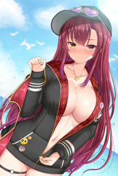 Rule 34 | 1girl, akino hamo, baseball cap, bird, black hat, black jacket, blue sky, blush, breasts, cleavage, closed mouth, collarbone, commentary request, cowboy shot, day, earrings, eyewear on headwear, gradient hair, hair down, hat, heart, heart-shaped eyewear, heart necklace, heterochromia, highres, holding, hololive, houshou marine, houshou marine (summer), jacket, jewelry, large breasts, long hair, looking at viewer, multicolored hair, naked jacket, navel, necklace, o-ring, o-ring thigh strap, open clothes, open jacket, outdoors, partially unzipped, purple-tinted eyewear, purple hair, red eyes, red hair, sidelocks, sky, smile, solo, straight hair, sunglasses, thigh strap, tinted eyewear, undressing, unworn bikini top, unzipping, very long hair, virtual youtuber