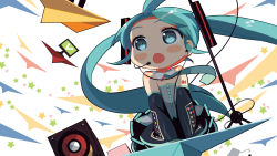 Rule 34 | 1girl, animal ears, aqua eyes, chibi, hatsune miku, headset, highres, long hair, mao yu, necktie, open mouth, paper airplane, solo, speaker, twintails, very long hair, vocaloid, wallpaper