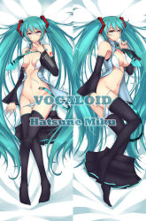 Rule 34 | 1girl, absurdres, belt, bra, breasts, character name, copyright name, covered erect nipples, dakimakura (medium), dean (momodean), detached sleeves, groin, hatsune miku, highres, long hair, multiple views, nail polish, necktie, open bra, panties, panty pull, skirt, smile, striped clothes, striped panties, thighhighs, twintails, underwear, very long hair, vocaloid
