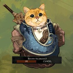 Rule 34 | absurdres, animal, animal focus, cat, catwheezie, commentary, crescent, crescent necklace, dark souls (series), english commentary, english text, gloves, grass, green background, highres, jewelry, necklace, no humans, solo, standing, weapon, weapon on back