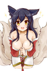 Rule 34 | 1girl, ahri (league of legends), animal ears, black hair, breasts, cleavage, collarbone, detached sleeves, fox ears, fox tail, furan (marina6123), highres, korean clothes, large breasts, league of legends, looking at viewer, multiple tails, open mouth, simple background, solo, sparkle, tail, white background, yellow eyes