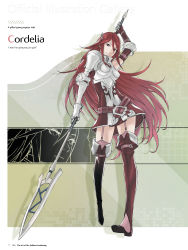 Rule 34 | 1girl, absurdres, armor, armored dress, belt, boots, character name, cordelia (fire emblem), elbow gloves, fire emblem, fire emblem awakening, full body, garter straps, gauntlets, gloves, highres, holding, kozaki yuusuke, long hair, nintendo, official art, page number, pink thighhighs, polearm, red eyes, red hair, simple background, skirt, solo, spear, standing, thigh boots, thighhighs, thighs, very long hair, weapon, zettai ryouiki