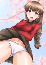Rule 34 | 1girl, absurdres, blush, braid, braided ponytail, breasts, brown eyes, brown hair, cameltoe, cherry blossoms, cleft of venus, clothes lift, girls und panzer, groin, highres, io-catalyst, looking at viewer, medium breasts, navel, open mouth, outdoors, panties, pantyshot, ponytail, rukuriri (girls und panzer), shiny skin, single braid, skirt, skirt lift, smile, solo, st. gloriana&#039;s military uniform, underwear, white panties, wind