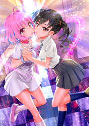 Rule 34 | 2girls, ahoge, asymmetrical docking, backlighting, bangle, black hair, blue hair, blush, bracelet, breast press, breasts, checkered floor, cheek-to-cheek, collarbone, collared shirt, crossed bangs, dress shirt, earrings, fingernails, from side, hair between eyes, hands up, heads together, heart, heart-shaped lock, holding hands, idolmaster, idolmaster cinderella girls, indoors, interlocked fingers, jewelry, large breasts, leaning forward, leg up, long hair, looking at viewer, mole, mole under eye, multicolored hair, multiple girls, necktie, no pants, off-shoulder shirt, off shoulder, open door, orange eyes, parted lips, pill earrings, pink eyes, pink footwear, pink hair, pleated skirt, shirt, short hair, short sleeves, single bare shoulder, skeleton print, skirt, small breasts, sparkle, standing, standing on one leg, striped neckwear, sunazuka akira, t-shirt, thighs, tile floor, tiles, twintails, two-tone hair, uniform, white legwear, white shirt, wing collar, yumemi riamu, zless
