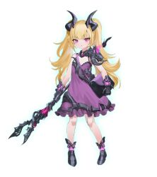 Rule 34 | 1girl, bare arms, bare shoulders, black footwear, blonde hair, boots, dot nose, dress, female focus, full body, fuyouchu, game cg, gloves, holding, holding weapon, horns, knees, little witch nobeta, long hair, looking at viewer, nobeta, non-web source, official art, purple dress, purple eyes, shoes, simple background, solo, spaghetti strap, standing, transparent background, weapon